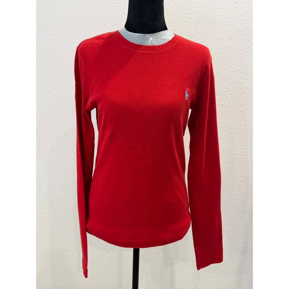 Ralph Lauren Sport Red Long Sleeve Cotton Tee Shirt Womens Large Blue Pony Logo - Picture 1 of 9